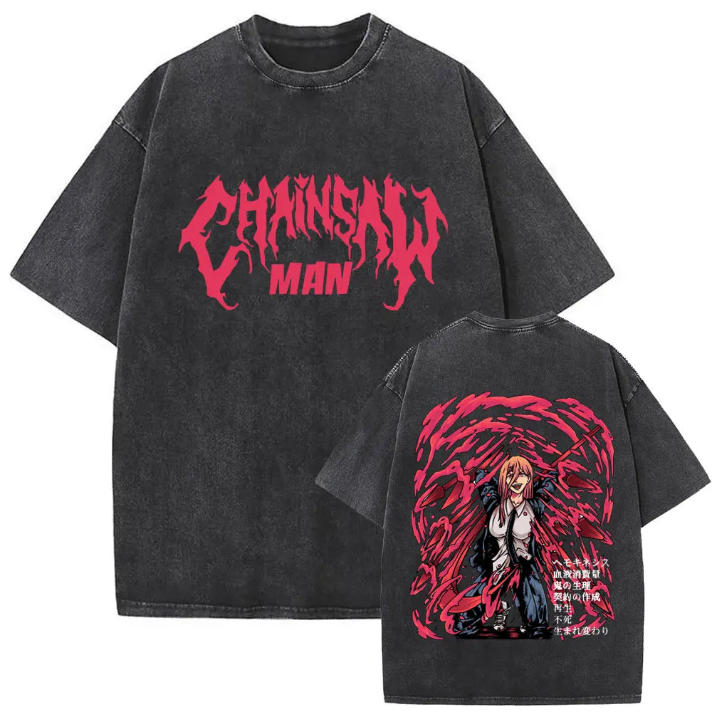 Chainsaw Man Denji & Pochita Vintage Tee – Washed Oversized Anime