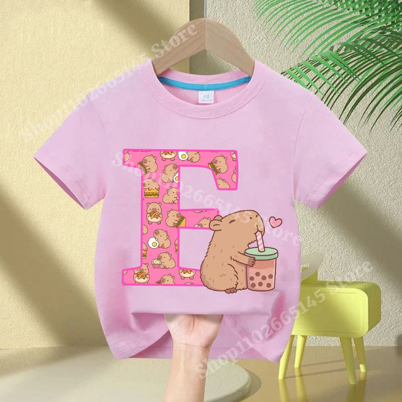 Kawaii Capybara A–Z Kids Tee - Neon Districts