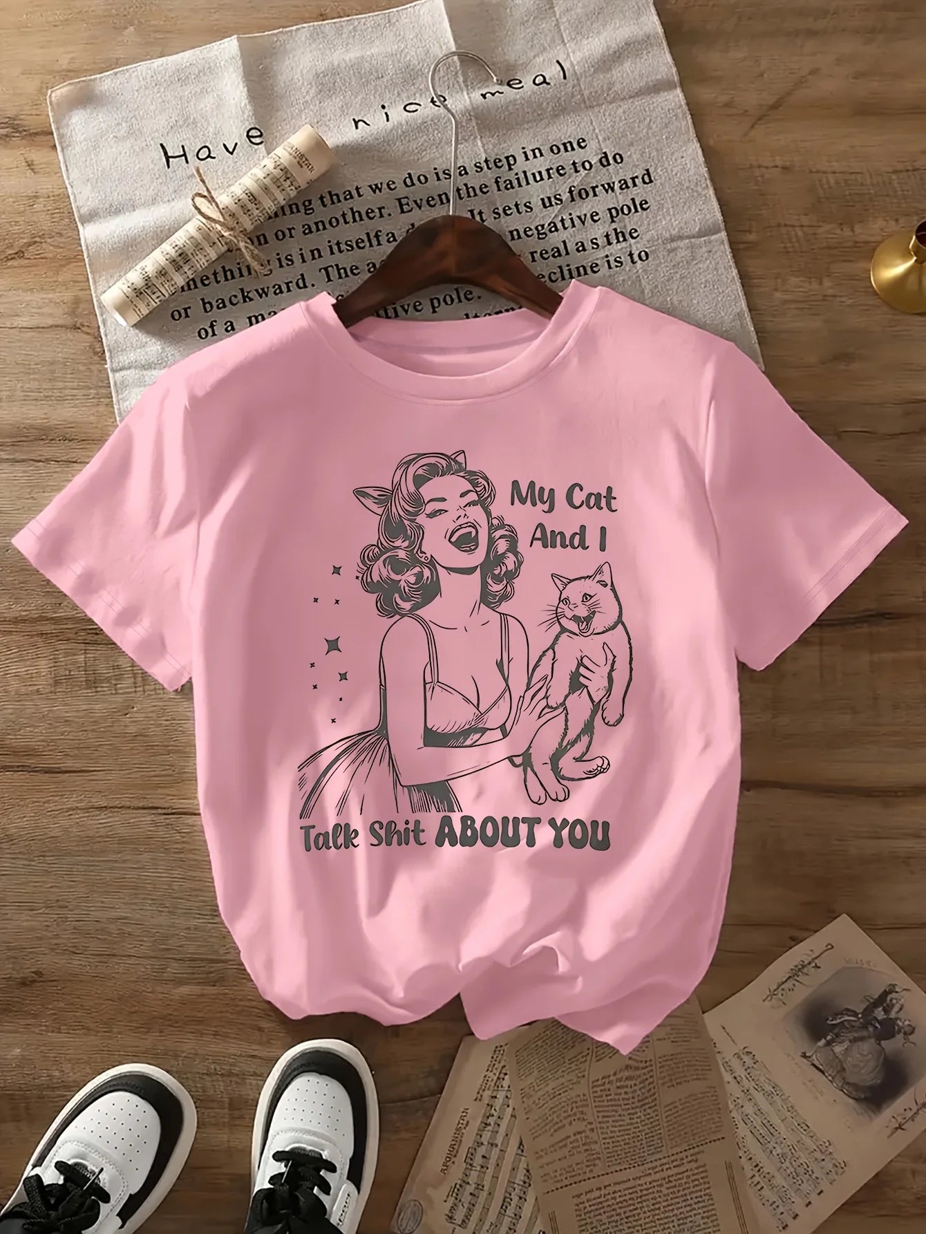 Retro Cartoon Cat & Woman — Vintage Women's Graphic Tee - Neon Districts