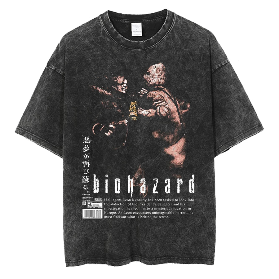 Resident Evil Leon Kennedy Vintage Oversized Tee – Biohazard Print