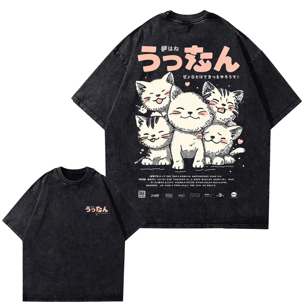 Japanese Kanji Cat — Oversized Korean Street Tee - Neon Districts