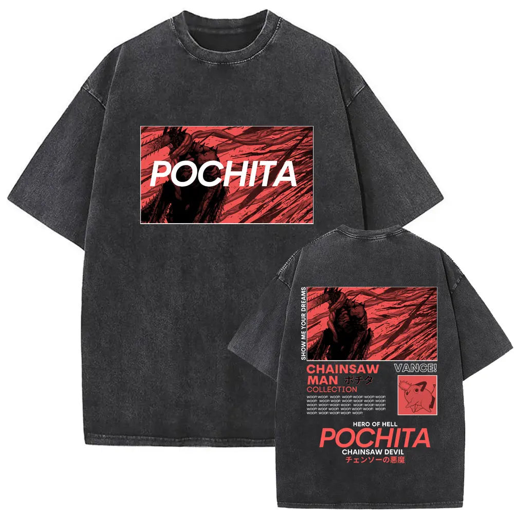 Chainsaw Man Denji & Pochita Vintage Tee – Washed Oversized Anime