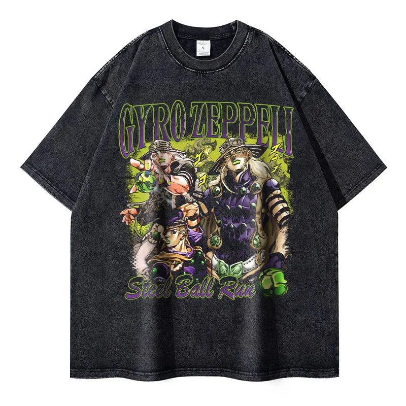 JoJo Steel Ball Run — Gyro Zeppeli Vintage Washed Streetwear Tee - Neon Districts