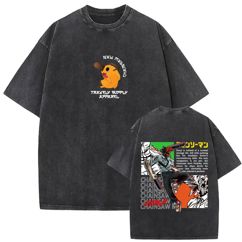Chainsaw Man Denji & Pochita Vintage Tee – Washed Oversized Anime