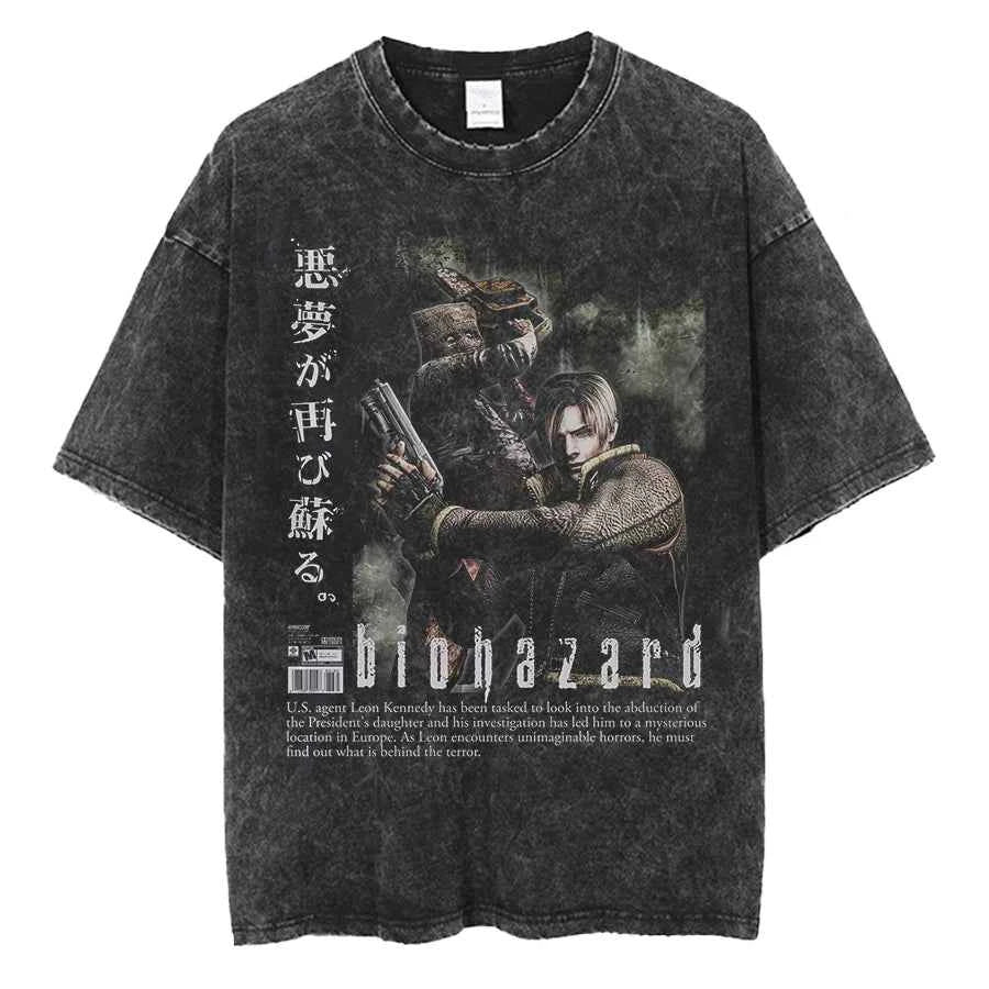 Resident Evil Leon Kennedy Vintage Oversized Tee – Biohazard Print