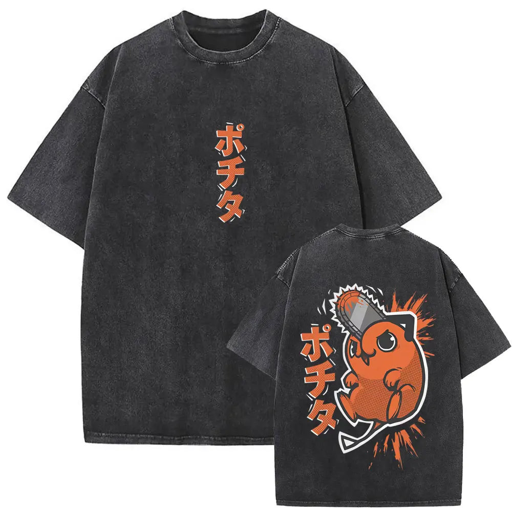 Chainsaw Man Denji & Pochita Vintage Tee – Washed Oversized Anime