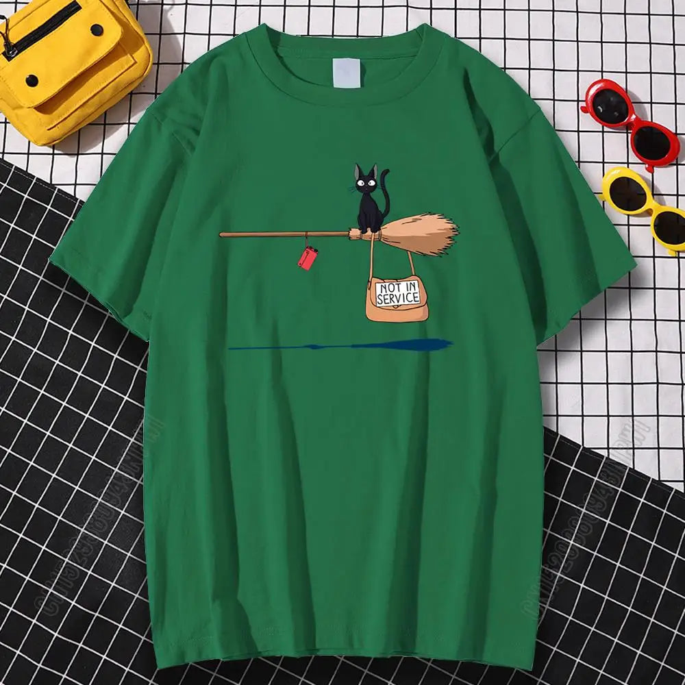 Black Cat on Magic Broom — Not In Service Street Graphic Tee - Neon Districts