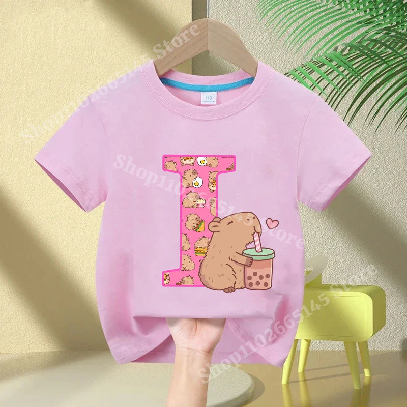 Kawaii Capybara A–Z Kids Tee - Neon Districts