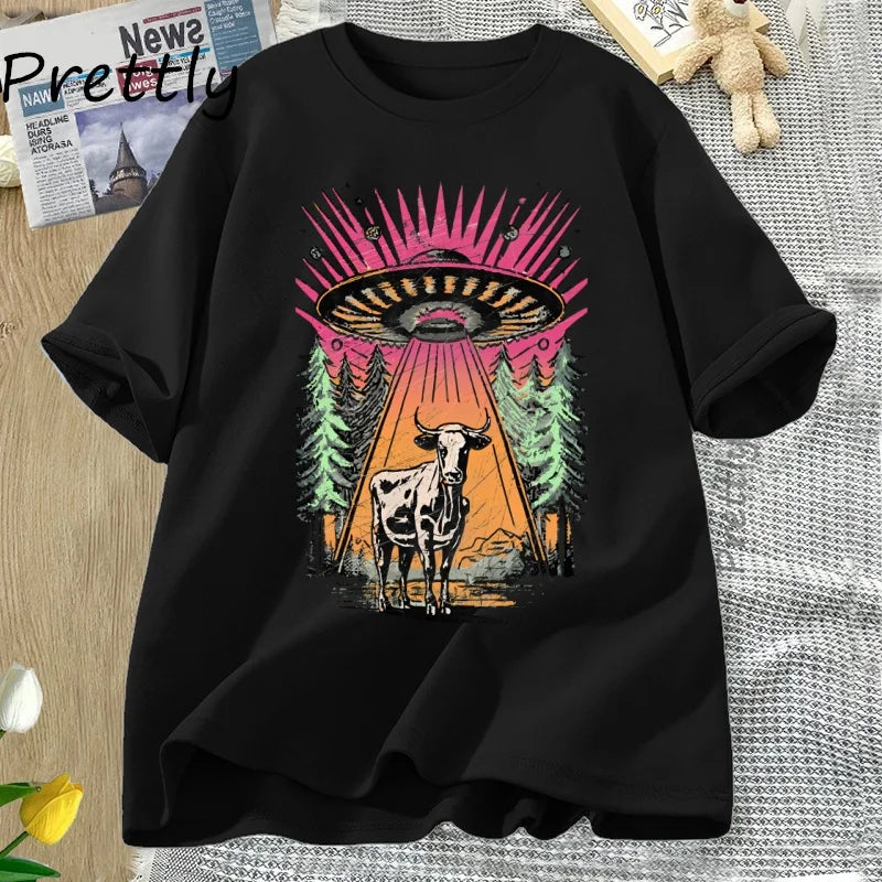 UFO Cow Abduction — Vintage Retro Alien Y2K Streetwear Graphic Tee - Neon Districts