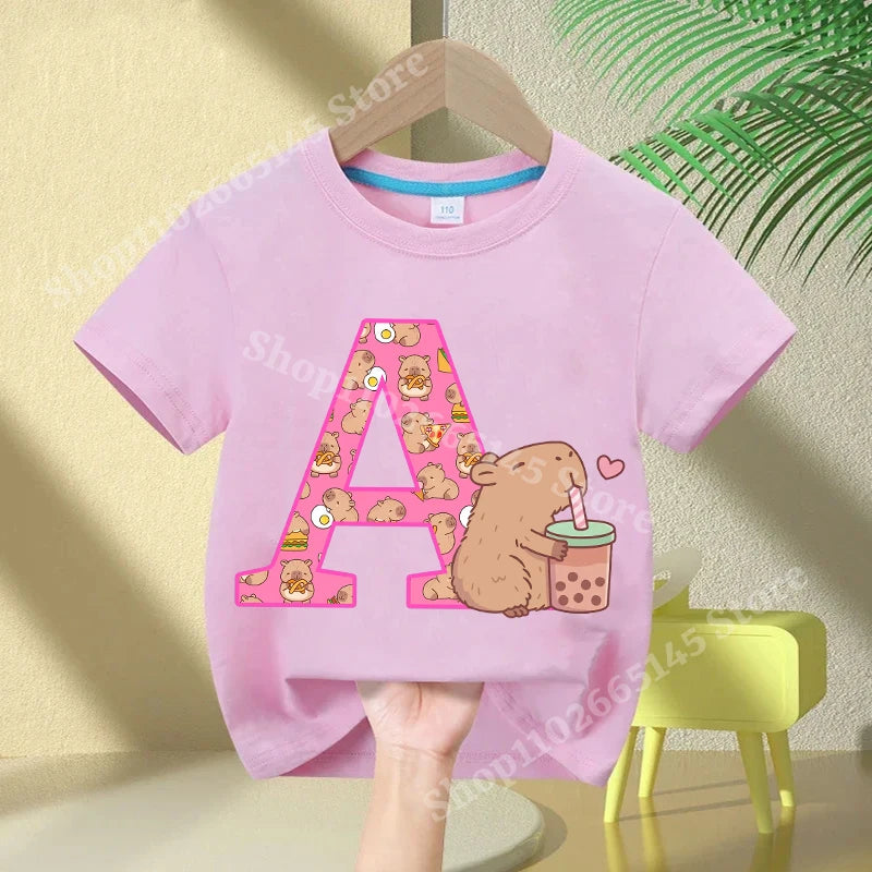 Kawaii Capybara A–Z Kids Tee - Neon Districts