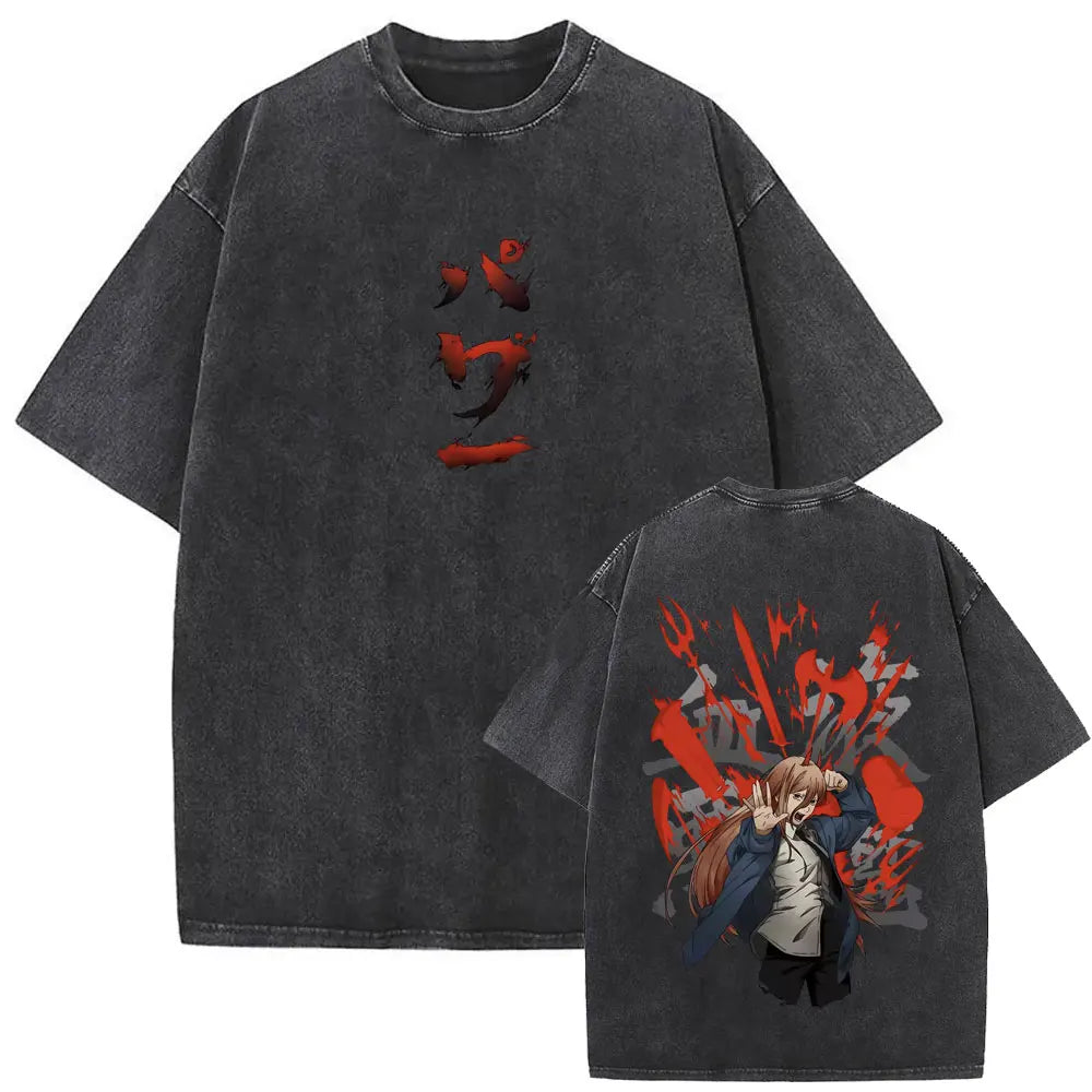 Chainsaw Man Denji & Pochita Vintage Tee – Washed Oversized Anime