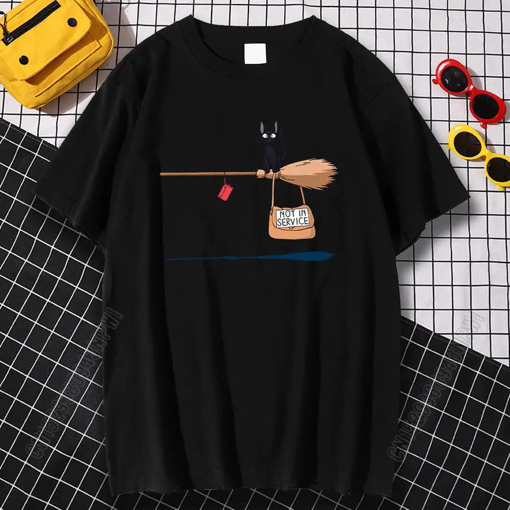 Black Cat on Magic Broom — Not In Service Street Graphic Tee - Neon Districts
