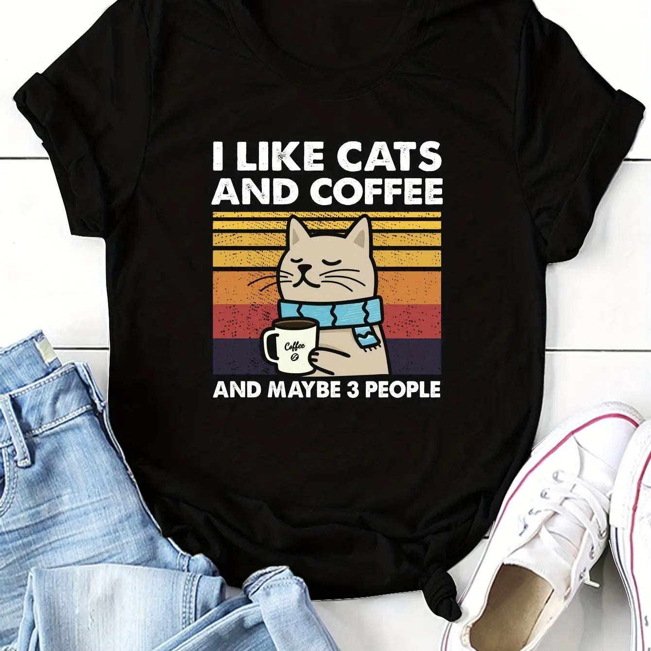 Cat & Coffee Crew Neck Tee - Neon Districts