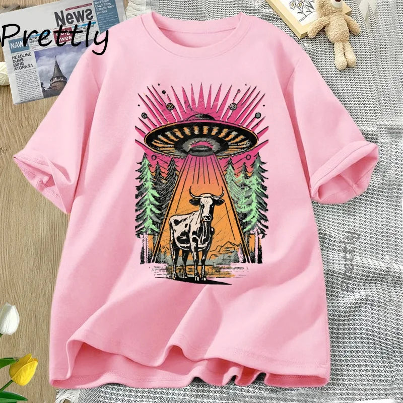 UFO Cow Abduction — Vintage Retro Alien Y2K Streetwear Graphic Tee - Neon Districts