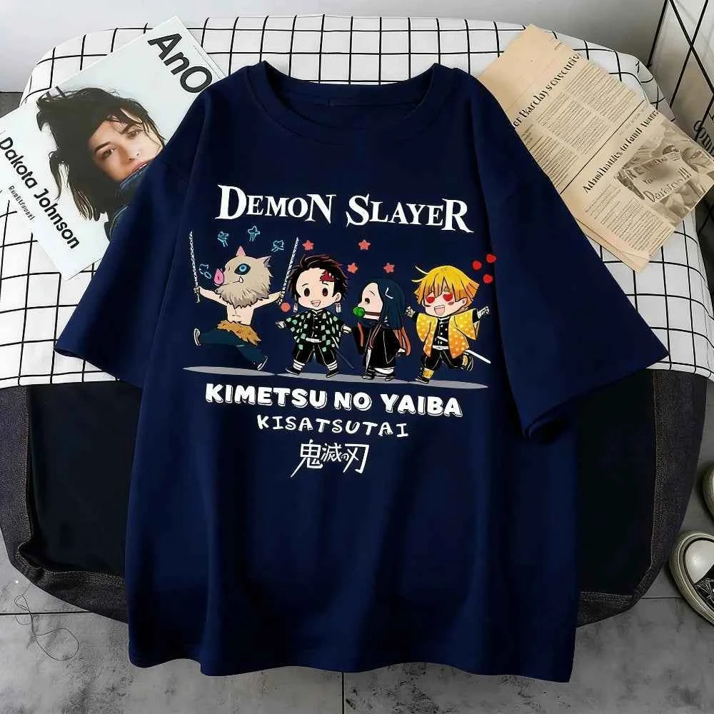 Plus Size Demon Slayer Summer Anime Printed Men, Women T-shirt Casual Parent Child Top Fashion Street Wear Harajuku Style Y2K