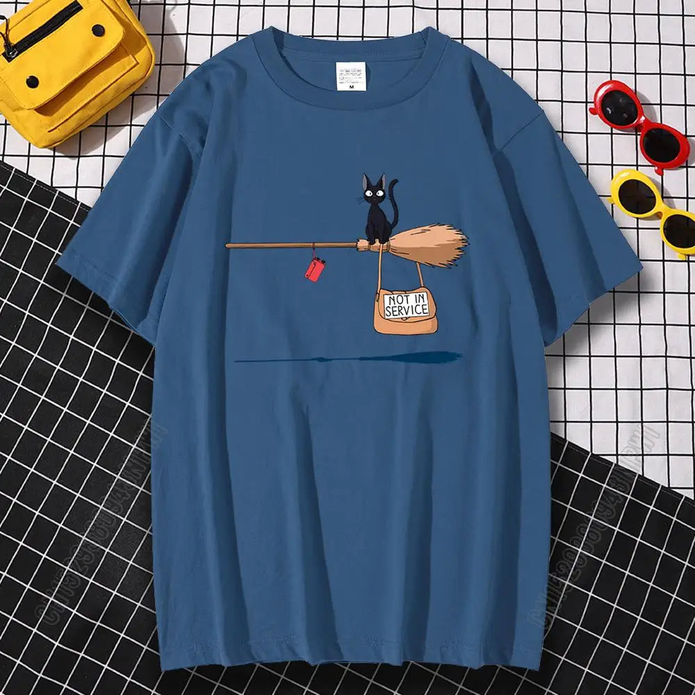 Black Cat on Magic Broom — Not In Service Street Graphic Tee - Neon Districts