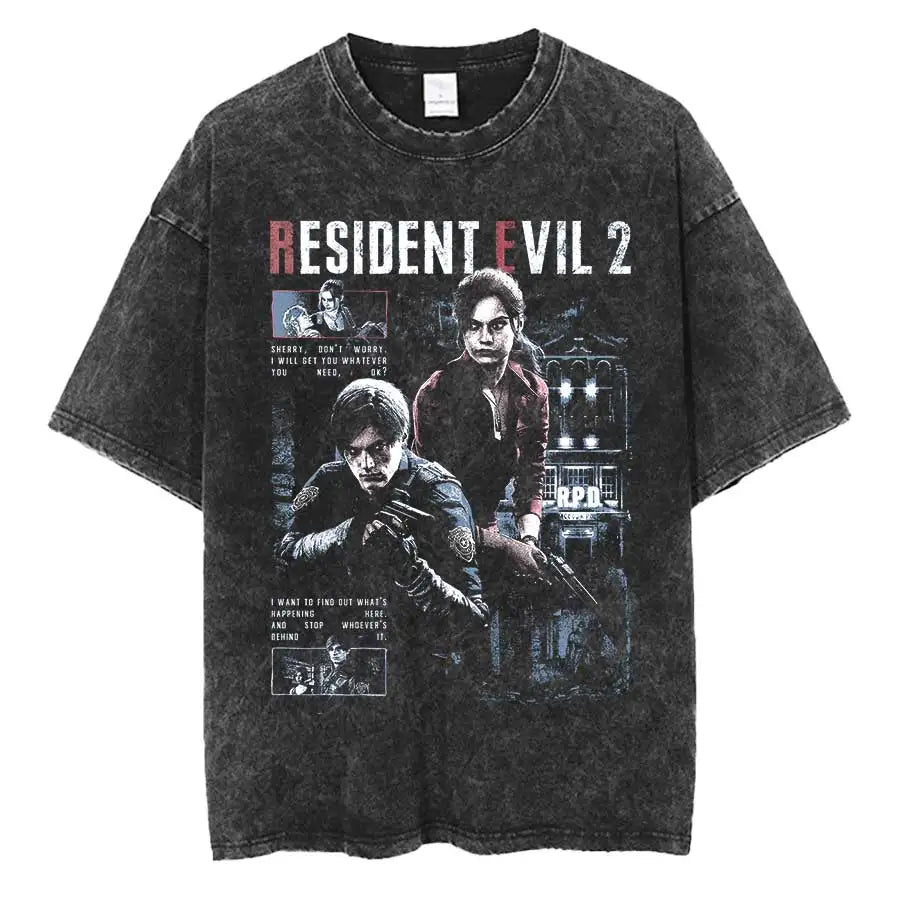 Resident Evil Leon Kennedy Vintage Oversized Tee – Biohazard Print
