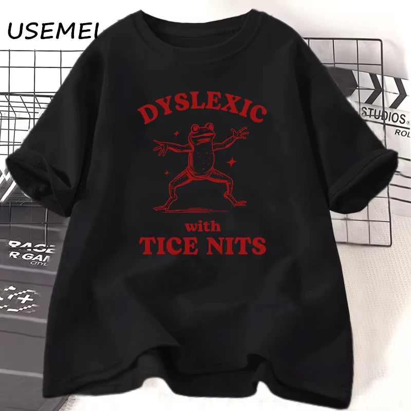 Dyslexic with Tice Nits — Silly Frog Wordplay Meme Graphic Tee - Neon Districts