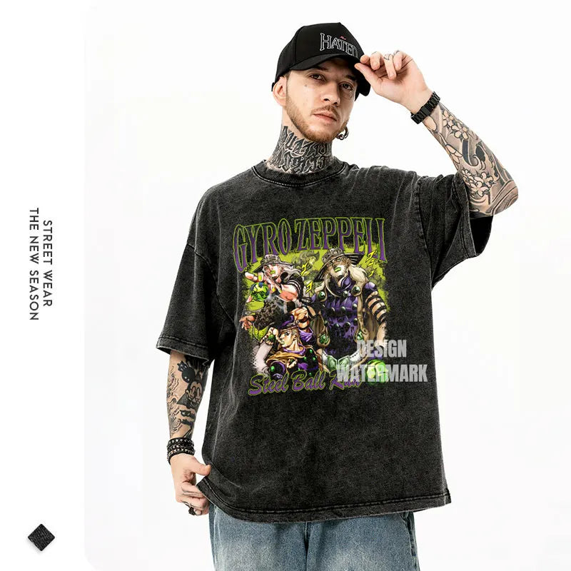 JoJo Steel Ball Run — Gyro Zeppeli Vintage Washed Streetwear Tee - Neon Districts
