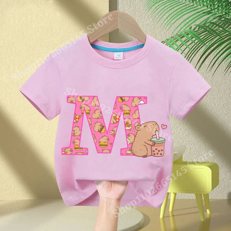 Kawaii Capybara A–Z Kids Tee - Neon Districts