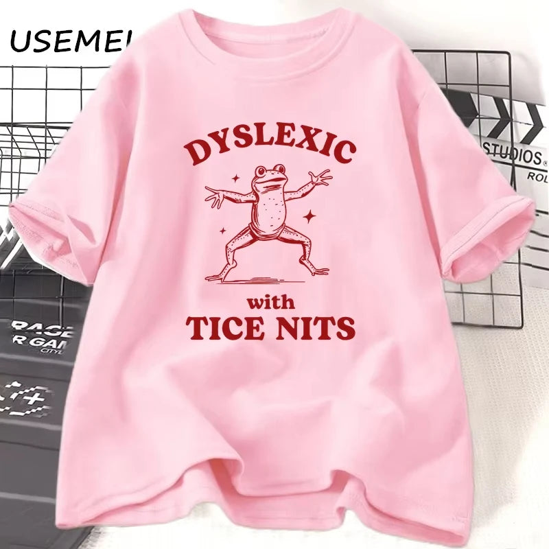 Dyslexic with Tice Nits — Silly Frog Wordplay Meme Graphic Tee - Neon Districts