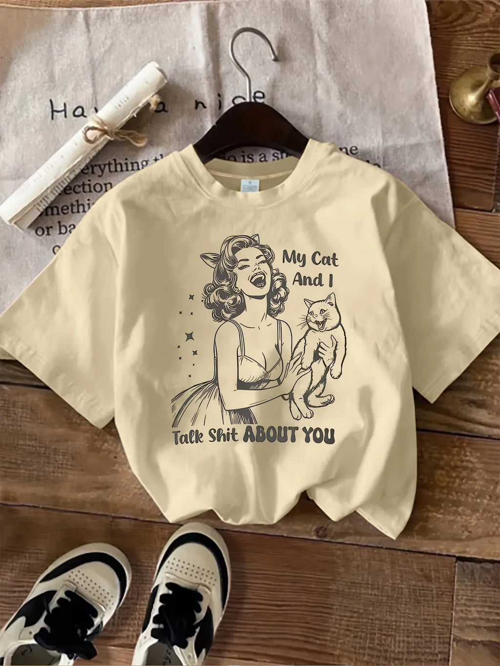 Retro Cartoon Cat & Woman — Vintage Women's Graphic Tee - Neon Districts