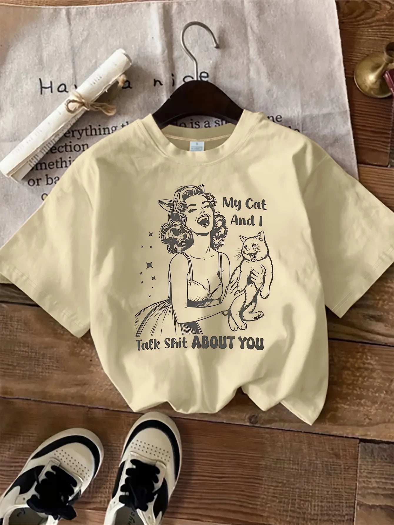 Retro Cartoon Cat & Woman — Vintage Women's Graphic Tee - Neon Districts