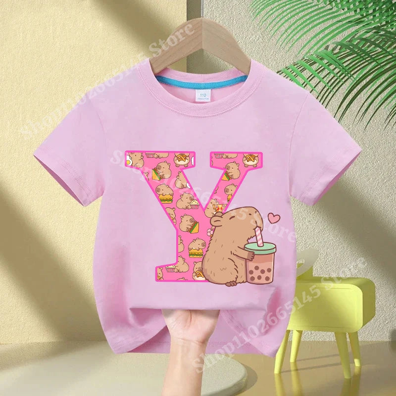 Kawaii Capybara A–Z Kids Tee - Neon Districts