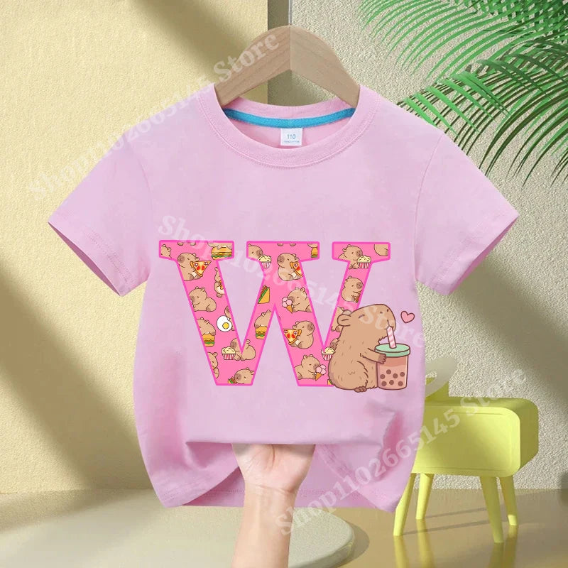 Kawaii Capybara A–Z Kids Tee - Neon Districts